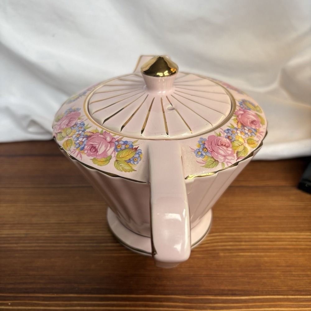 Vintage Sadler Pink Art Deco Teapot Starburst Floral Gold Gilt England 1940s - Picture 3 of 16